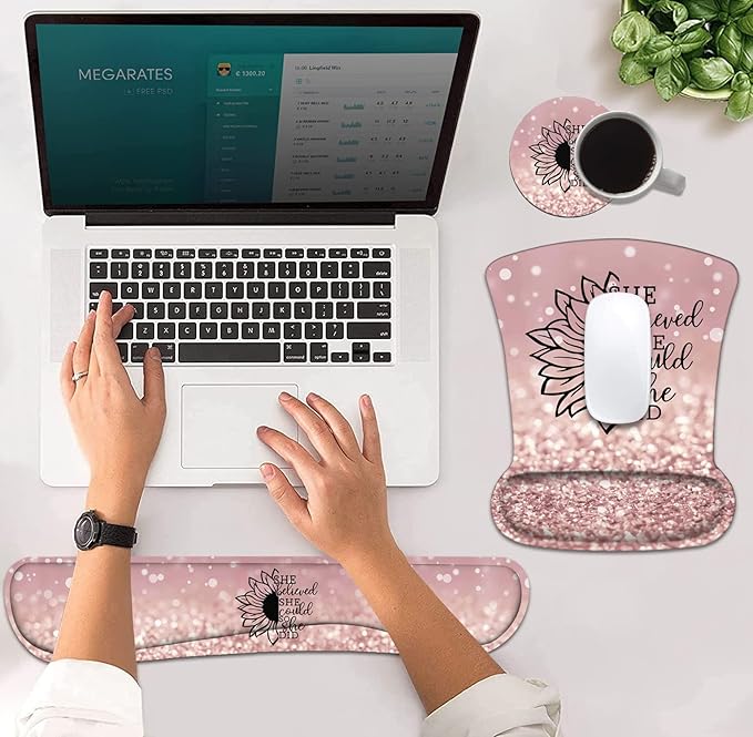 Mouse Pad Wrist Support and Keyboard Wrist Rest Set with Coasters, She Believed She Could So She Did Inspirational Quote Wrist Mouse Pad with Non-Slip PU Base for Home Office Working Studying