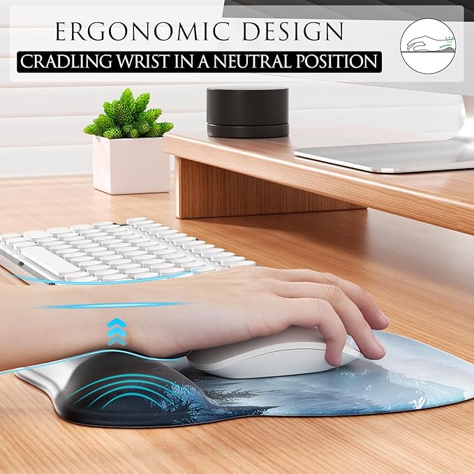 MROCO Ergonomic Mouse Pad with Gel Wrist Rest, Comfortable Mousepad with Smooth Wrist Support Surface and Non-Slip PU Base for Pain Relief, Computer, Laptop, Office & Home, 9.4 x 8.1 in, Cloud Forest