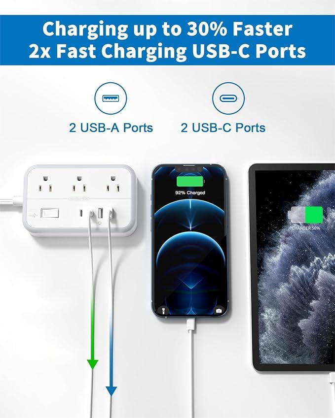 10 ft Flat Extension Cord, Flat Plug Surge Protector Power Strip with 6 Outlets 4 USB Ports, Wall Mounted Outlet Extender, Overload Protection for Indoor, Home, Office Supplies, Dorm Room Essentials