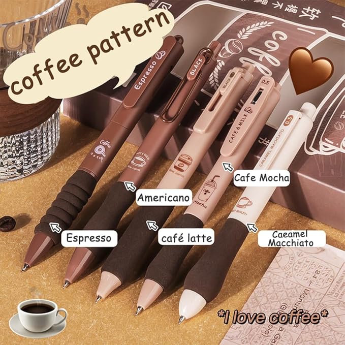 Cute Gel Pens 5Pcs Retractable Quick Dry Ink Pens 0.5mm Fine Point Black Ink Kawaii Smooth Writing Pens for School Office Supplies Aesthetic pretty pens (Coffee)