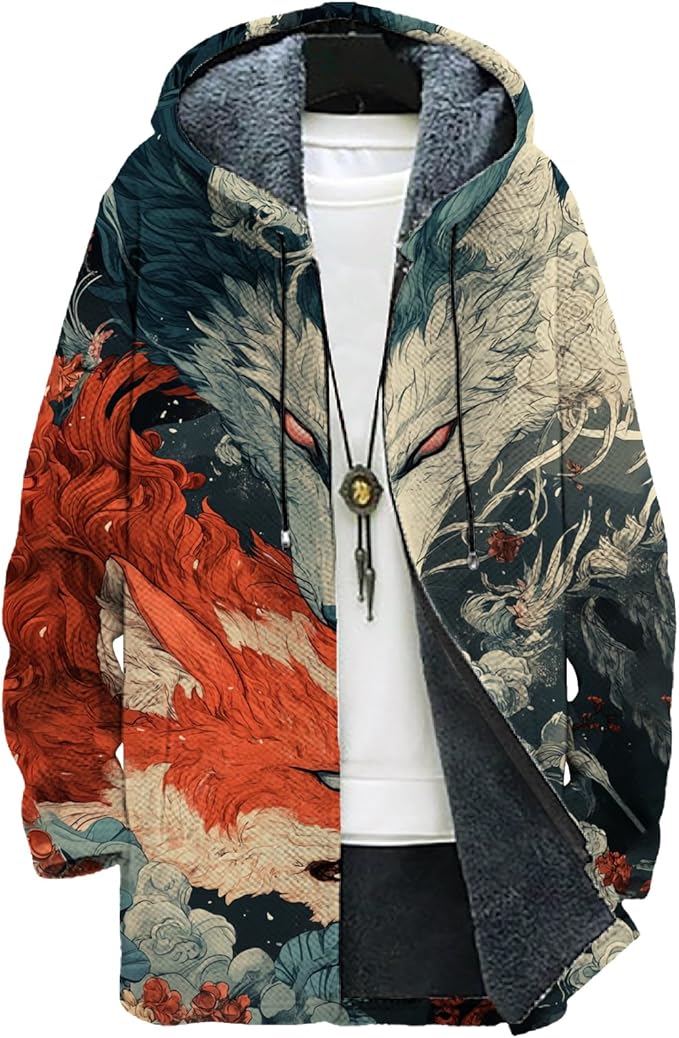 MARSVOVO Mens Cardigan Sweater Cool Graphic Lined Fleece Long Coat Zip With Pockets Fashion Coat Warm Fitted Jacket