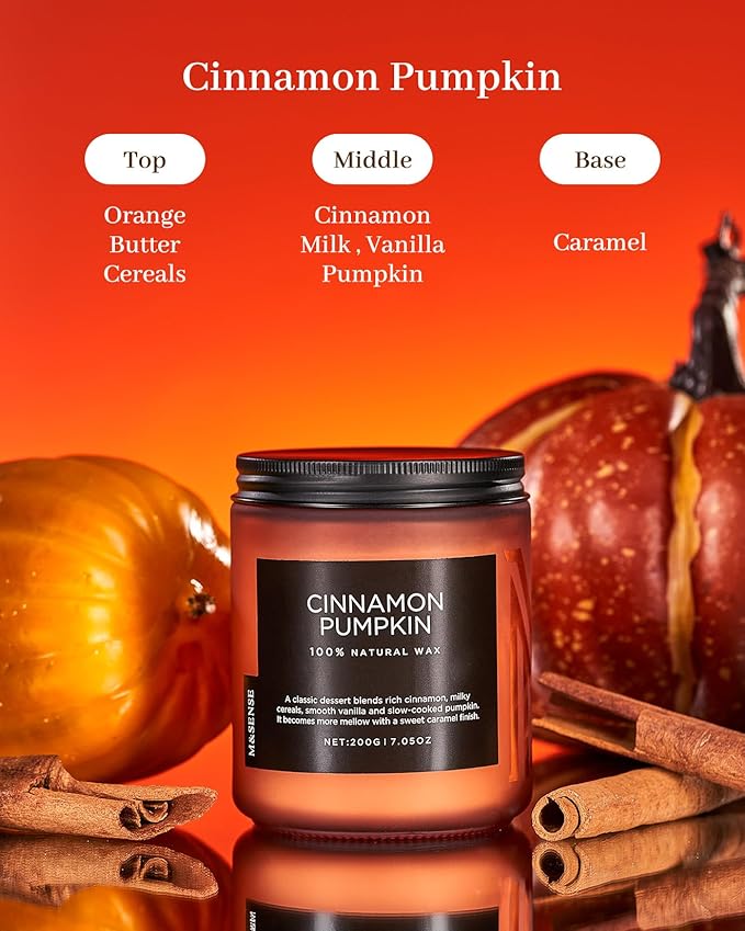 M&SENSE Cinnamon Pumpkin Fall Scented All Natural Soy Wax Candles for Home Scented, Cotton Wick Autumn Long Burning 7.05oz 50 Hours Burn Time, Jar Candle Gift for Thanksgiving