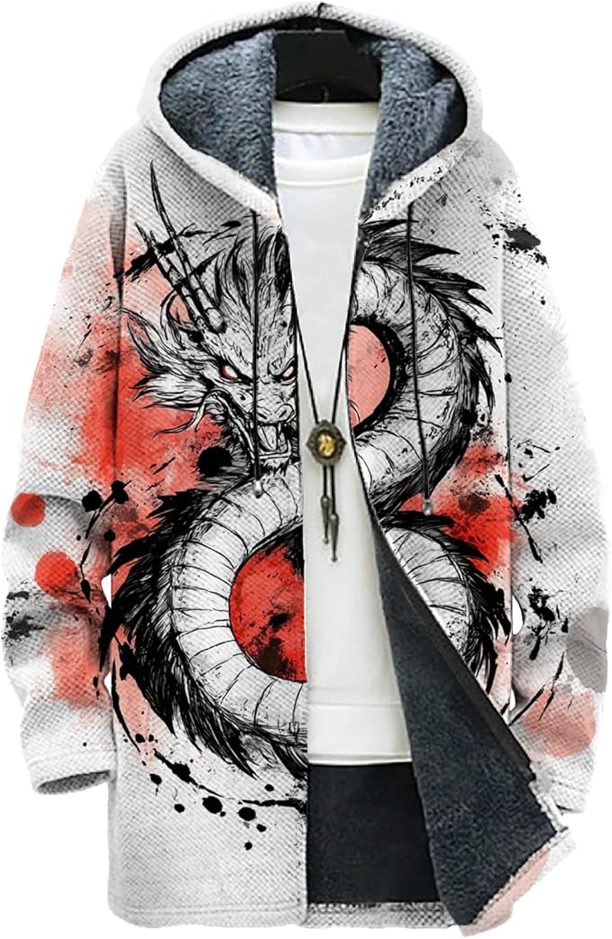 MARSVOVO Mens Cardigan Sweater Cool Graphic Lined Fleece Long Coat Zip With Pockets Fashion Coat Warm Fitted Jacket