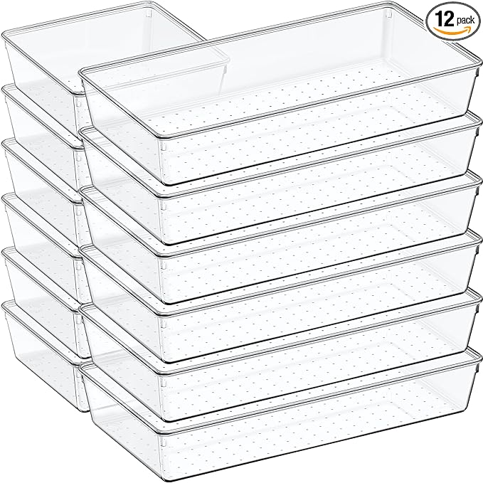 12 Pack Large Clear Plastic Drawer Organizer Set, Acrylic Bathroom Organizer Vanity Trays Dividers, Kitchen Organizers and Storage, Non-Slip Storage Bins for Makeup, Snacks, Office, Desk, Fridge