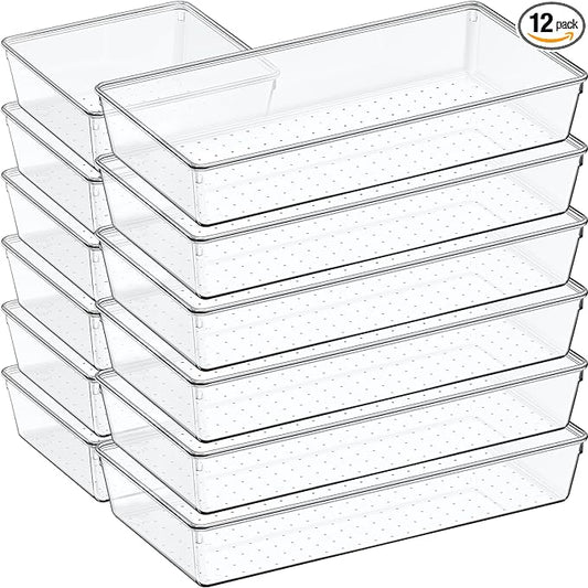 12 Pack Large Clear Plastic Drawer Organizer Set, Acrylic Bathroom Organizer Vanity Trays Dividers, Kitchen Organizers and Storage, Non-Slip Storage Bins for Makeup, Snacks, Office, Desk, Fridge