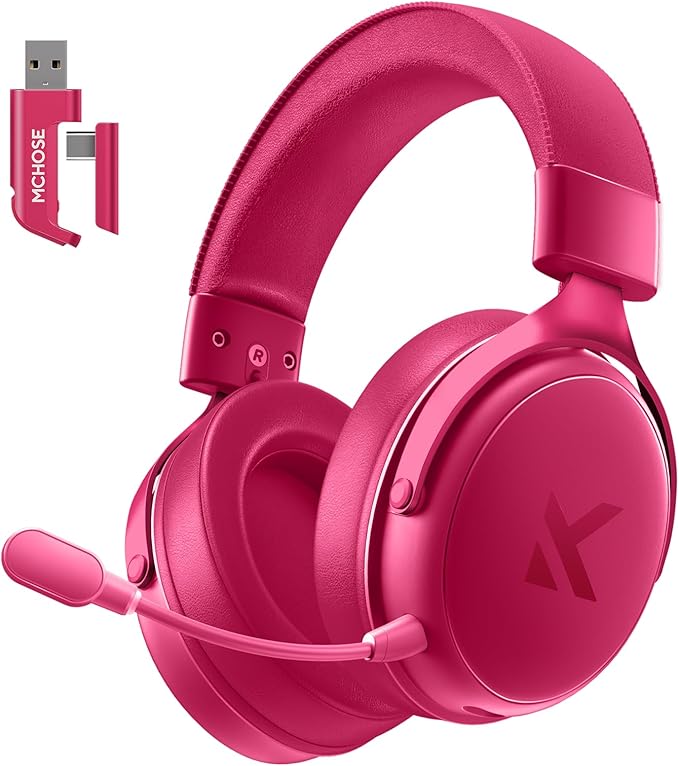 MCHOSE V9 PRO Wireless Gaming Headset 7.1 Surround Sound for PS5 PS4 PC Switch TOPSPEED Gaming Headphones, Noise Canceling Mic, 250Hr Battery, Low 15ms Latency, Lightweight, BT 5.3 FPS Games Rose&Red