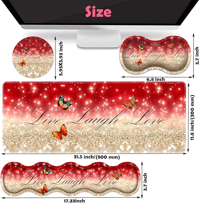 Large XXL Gaming Desk Mat 31.5"x 11.8", Ergonomic Keyboard Wrist Rest & Mouse Pad Wrist Rest + Coaster Set, Non-Slip Base, Memory Foam, Office and Home, Live Laugh Love