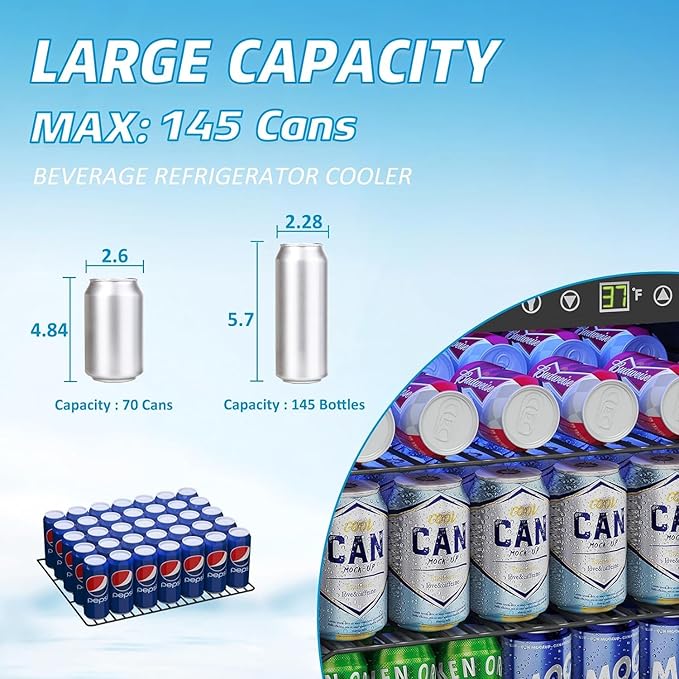 Compact Freestanding Beverage Refrigerator,145 Can/4.5 Cubic Feet Mini Fridge with Reversible Glass Front Door for Soda, Beer or Wine, Under Counter Drink Dispenser with Adjustable Shelves