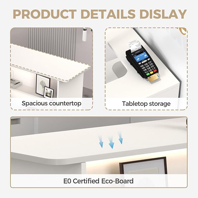 Modern Reception Desk with LED Lights - 47" Front Desk Reception Counter with Dual Display Shelves & Hidden Cable Management, Lockable Drawer & Storage Cabinet for Office, Salon, Spa, Retail, Left