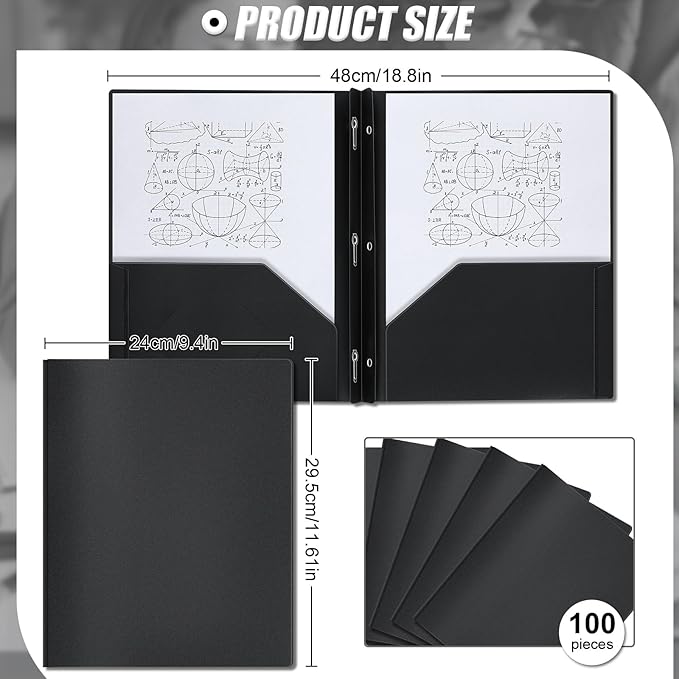 Lincia 100 Pcs Plastic Folders with Pockets and Prong Folders with Prongs Plastic Folders with 2 Pockets Pocket Folders for Office, School for Students, Teachers, Office Workers (Black)