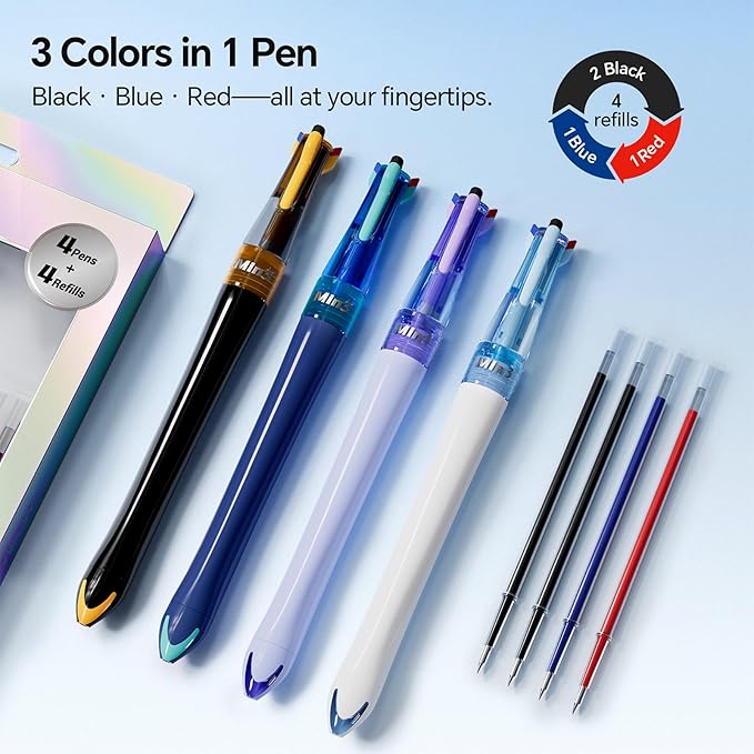 WRITECH Retractable Gel Ink Pens: 0.5mm Fine Point 3 in 1 Multi Colored Pen Black Blue Red, 4ct with 4 Refills No Smear Assorted Colors Min 3 for Smooth Writing Journaling Drawing