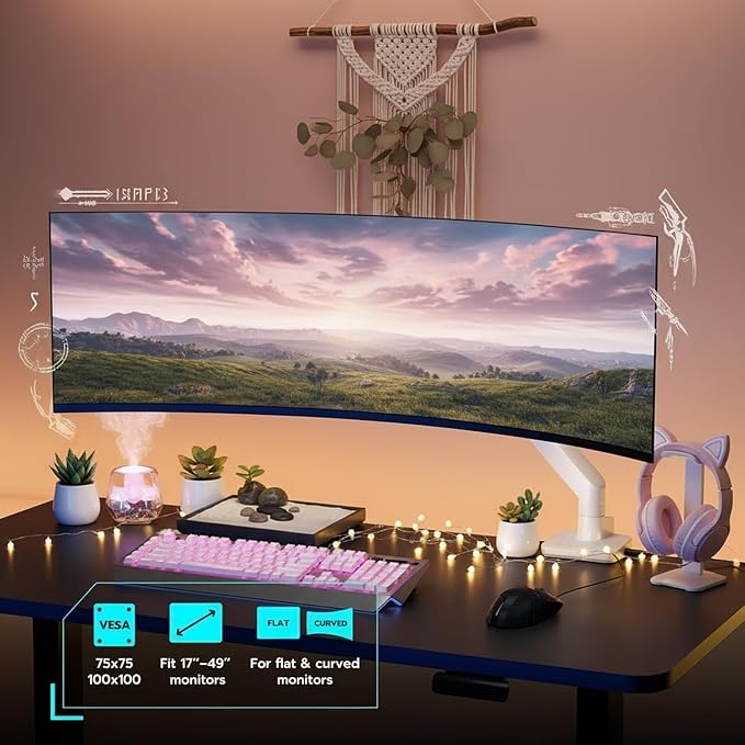 ARES WING Ultrawide Monitor Arm White with USB A/C, Heavy Duty Monitor Arm for 17 to 49 inch Screen, Holds 44 lbs, Adjustable Gas Spring Arm Desk Mount with Clamp and Grommet Base