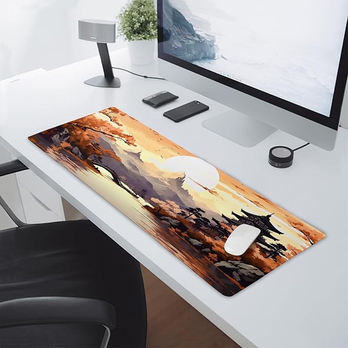 Orange Japanese Sakura Gaming Mouse Pad XL Yellow Cherry Blossom Mountain Aesthetic Large Desk Mat Big Mousepad Non-Slip Rubber Base Stitched Edge Long Desk Pad for Desktop Computer,31.5×11.8 in