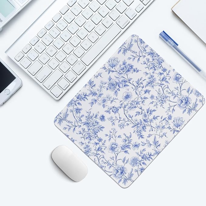 Light Blue Chinoiserie Mouse Pad,Blue and White Floral Desk Mat,Girly Preppy Floral Mouse Pad for Dorm Home Office Desktop Decor,10.2x8.2 Inch