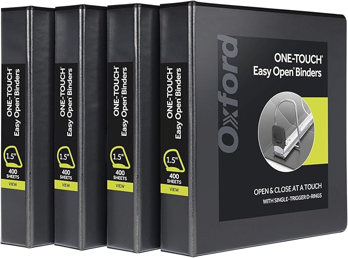 Oxford 3 Ring Binders, Binders for School and Office, Durable 1.5 Inch ONE-Touch Easy Open D Rings, View Binder Covers on 3 Sides, Durable Hinge, Non-Stick, PVC-Free, Black, 4 Pack (79905)