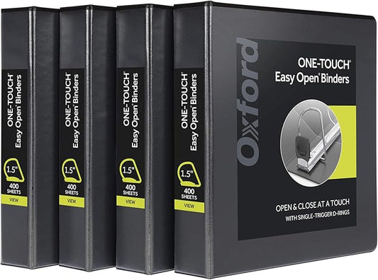 Oxford 3 Ring Binders, Binders for School and Office, Durable 1.5 Inch ONE-Touch Easy Open D Rings, View Binder Covers on 3 Sides, Durable Hinge, Non-Stick, PVC-Free, Black, 4 Pack (79905)