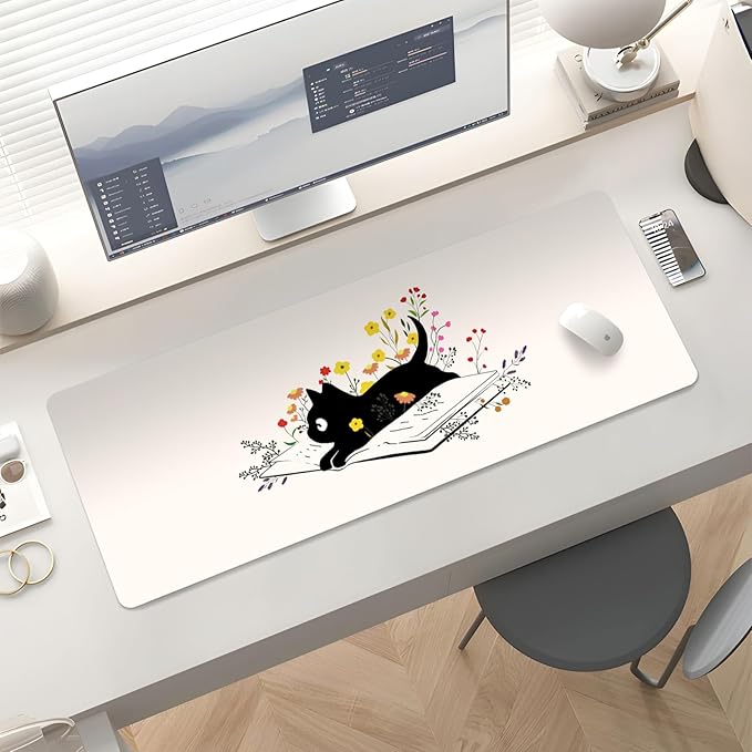 Mousepad Desk Mat Gaming Large Keyboard Cute Office Desktop Computer Laptop XXL Long Big Kawaii Aesthetic Girly Pretty Design Women Girl Gamer Oversized Wide 30x12'' Mousepad, Cat Book
