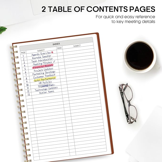 Meeting Notebook for Work Organization - Work Planner Notebook with Action Items, Agenda Planner for Note Taking, 160 Pages (6.9" X 9.9") Project Organizer for Men & Women - Rust Brown