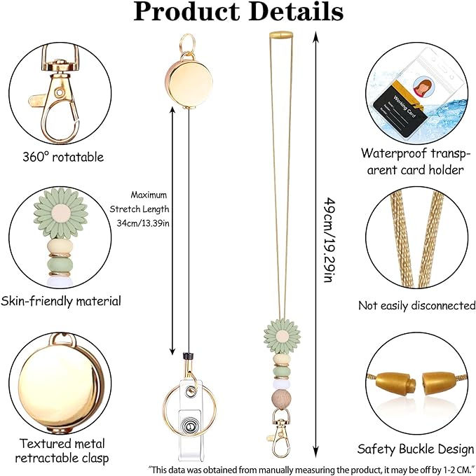 Colorful ID Badge Holder with Silicone Beads Lanyard Set,Cute Teacher Breakaway Lanyard for Keys & Keychain with Cute Retractable Badge Reel Holder,Gift for Women,Nurse, Teacher. (Green Daisy)