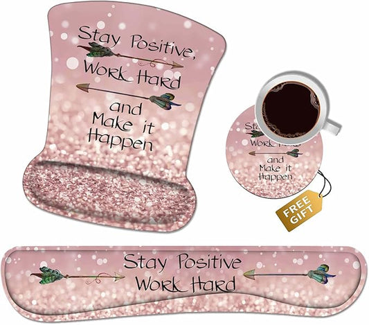 Mouse Pad Wrist Support and Keyboard Wrist Rest Set with Coasters, Inspirational Quote Stay Positive Work Hard and Make It Happen Wrist Mouse Pad with Non-Slip PU Base for Home Office Working Studying