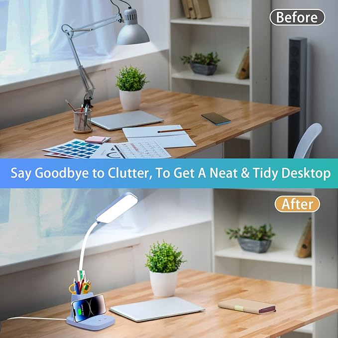 Sailstar Small Desk Lamp, Blue Desk Lamp with Pen Holder, Wireless Charger LED Desk Lamps for Home Office, 800LM Flexible Arm 3 Modes Dimmable Touch Cute Desk Lamps, Study Lamps for College Dorm Room