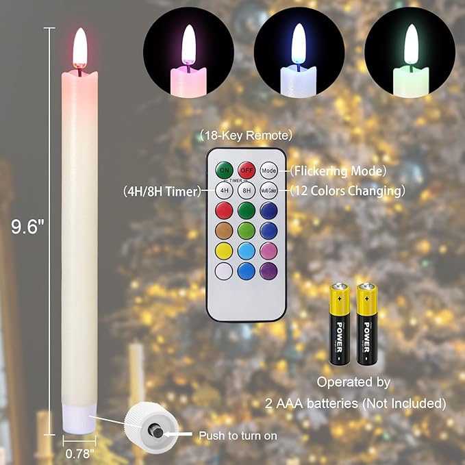 GenSwin Flameless Taper Candles with Remote, Real Wax and Color Changing Wick LED Taper Candles Battery Operated, 6 Pcs Flameless Candlesticks for Halloween Christmas Decor(Ivory, 0.78”x9.6”)