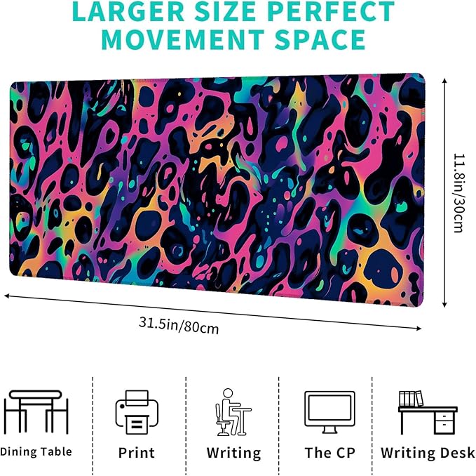 Neon Leopard Gaming Mouse Pad,12x31.5in Non-Slip Rubber Bold Colors Abstract Desk Mat,Large Extended Bold Mousepad for Office Home Laptop,Mice Pads Gifts,Game Lover Deskmat Decor
