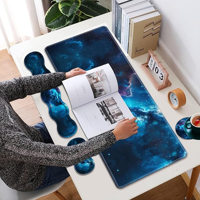 Large XXL Gaming Desk Mat 31.5"x 11.8", Ergonomic Keyboard Wrist Rest & Mouse Pad Wrist Rest + Coaster Set, Non-Slip Base, Memory Foam, Office and Home, Nebular Wolf