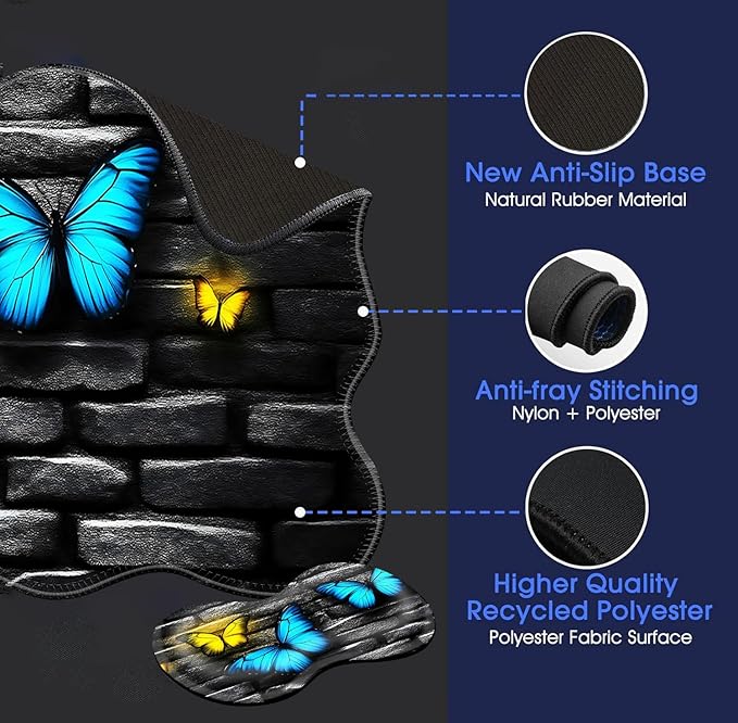 Large Mouse Pad and Keyboard Wrist Rest, Desk Pad for Keyboard and Mouse, 4-in-1 Large Gaming Mouse Pad with Wrist Support, Desk Mat for Home Office Study Game-Blue and Yellow Butterflies