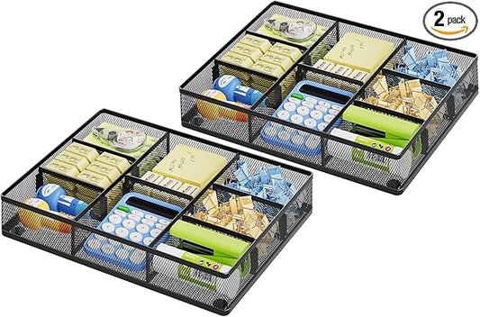 Marbrasse 2Pack Desk Drawer Organizer, Metal Mesh Drawer Organizer Tray with 5 Adjustable Compartments,Desk Organizers and Accessories for Home,Office,Kitchen,Makeup,Vanity (Black)