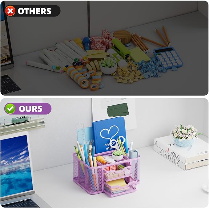 Marbrasse Mesh Desk Organizer, Pen Organizer with 2 Drawer, Multi-Functional Pencil Holder for Desk, Desk Organizers and Accessories with 5 Compartments + Drawer for Office Art Supplies (Purple)