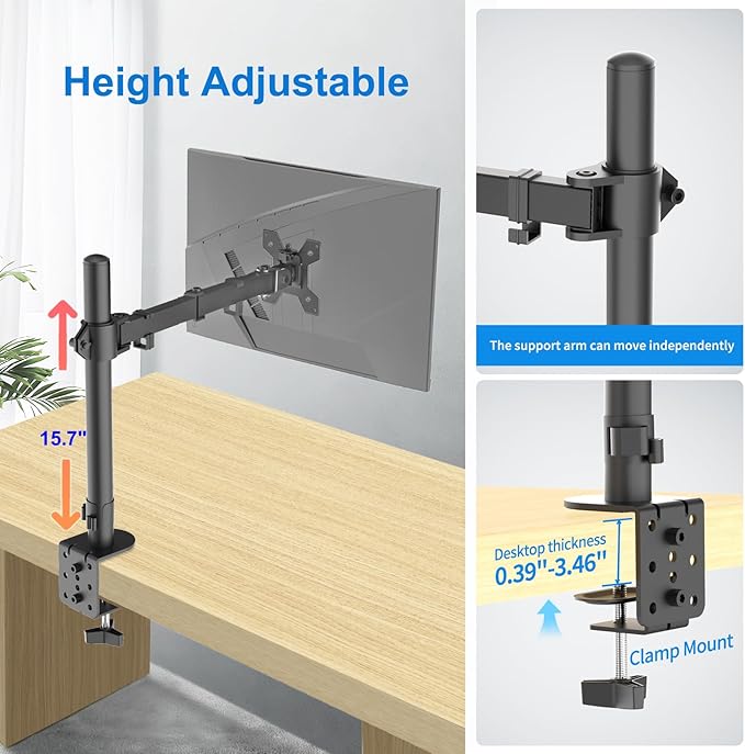 H&C(hcck&Cllassp) Single Monitor Mount, Desk Mount with Swivel, Tilt, Rotation, Height Adjustable, VESA Mount for 17-27” Monitors up to 17.6 lbs, Monitor Stand with C-Clamp, Black
