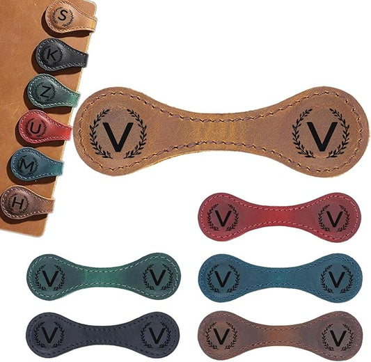 Magnetic Leather Bookmark with 26 Initial for Reading Women,Personalized Magnet Book Marks Gifts for Men,Book Lovers (Light Brown, V)