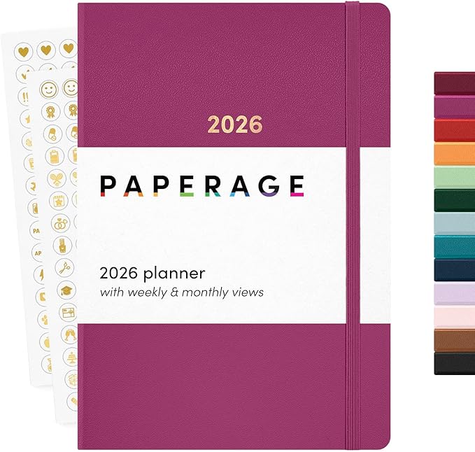 PAPERAGE 2026 Weekly & Monthly Planner, 12 Months (January 2026 - December 2026), 5.6 in x 8 in, Hardcover 2026 Planner with Weekly & Monthly Spreads, Note Pages, Stickers & Back Pocket – Raspberry