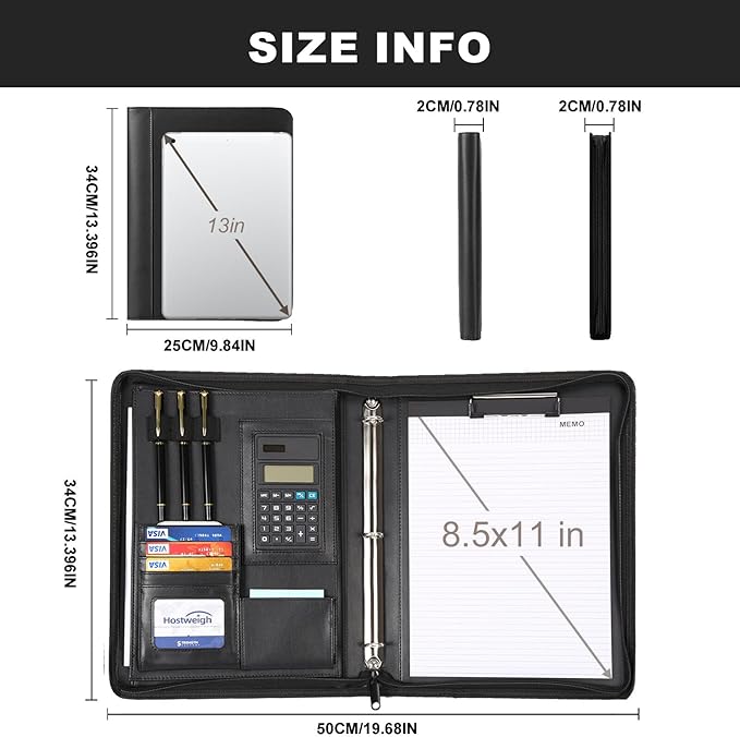 Leathario 3-Ring Portfolio Binder, Includes 5 Sheet Protectors and a Pen, 13 Inch Tablets Organizer, Vegan Leather A4 Padfolio, Multi-Pocket Notepad Business Planner Professional Document