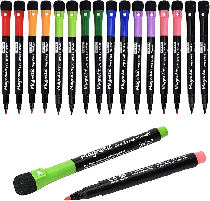 Magnetic Dry Erase Markers, Fine Tip Low Odor Whiteboard Markers for Kids & School, Work On White board & Calendar, Refrigerator (16 Pack)