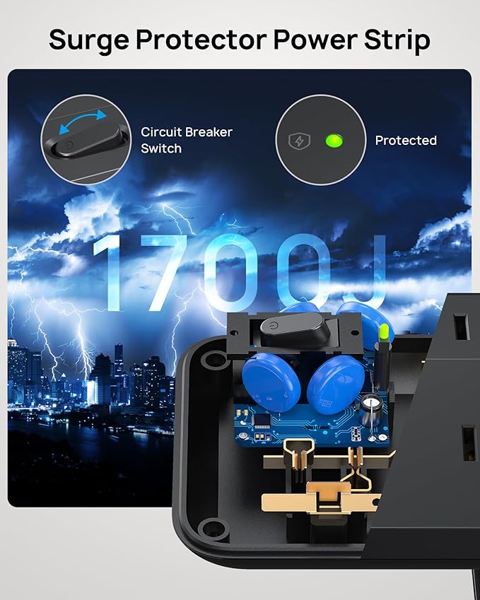 TROND Desk Clamp Power Strip - 1700J Surge Protector with 7 Outlets, Desktop Edge Mount Extension Cord, Fit 1.97" Tabletop, 6FT Flat Plug for Teacher Must Haves, Office, ETL List, Black