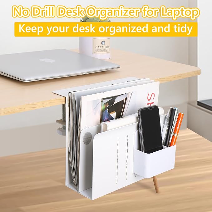 2 TIER Desk Side Storage Upgraded Under Desk Organizer, No Drill Hanging Laptop Holder Under Desk, Clamp-On Table Side Tray Steel Desktop Organization for Office and Home (White)