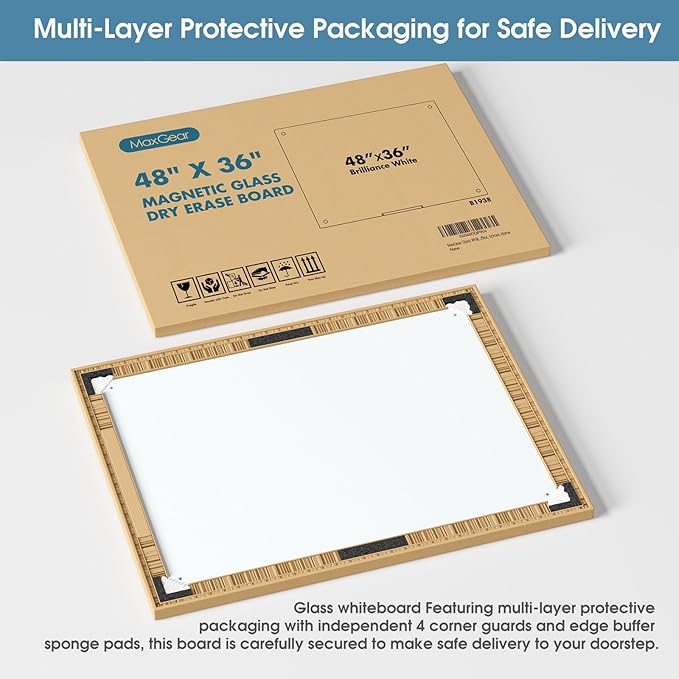 MaxGear Glass White Board 48x36 Inches Brilliance White Magnetic Dry Erase Board Wall Mounted Whiteboard, Large Frameless Whiteboard with 1 Eraser,3 Markers and 6 Magnets for Office, School, Home