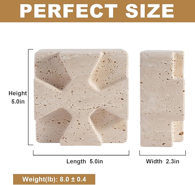 Natural Marble Square Book Ends, Heavy Duty Bookends for Shelves, Non-Skid Stone Book Holders, Unique Modern Aesthetic Office Bookshelf Decor for Books/CDs(Travertino Turkey)