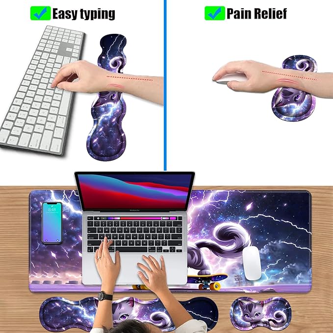 4 in 1 Ergonomic Keyboard Wrist Rest & Mouse Pad Wrist Rest Set, Large XXL Gaming Desk Mat 31.5"x 11.8" with Non-Slip Base, Memory Foam for Home Office Study Gaming, Cute Cat Playing Scooter