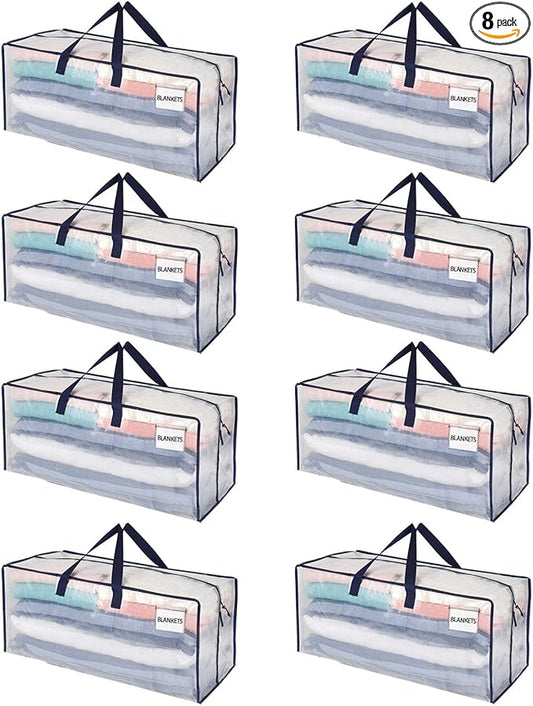 VENO 8 Pack Moving Bags w/Backpack Straps, Heavy Duty, Moving Boxes Alternative, Packing Supplies, Large Storage Totes for Dorm Room Essentials with Zipper for Clothes (Clear, 8 Pack)