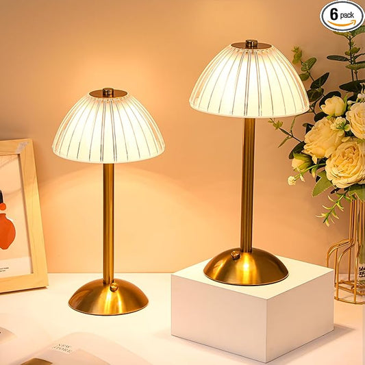 Liliful 6 Pcs LED Portable Cordless Table Lamp Touch Battery Operated Rechargeable Gold Desk Lamp 3 Color Dimmable for Bedroom Living Room Dining (Gold,Mushroom Style)