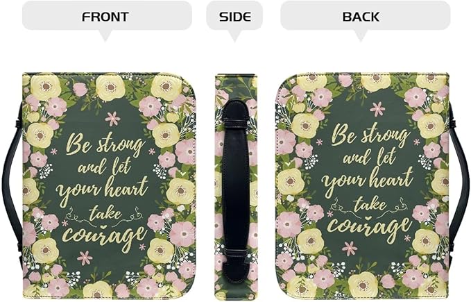Lotusorchid Floral Bible Book Cover Case with Handle Pocket, Portable Bible Cover Case with Pen Storage, Sturdy PU Bible Tote Bag with Verse for Women Girls, Bible Accessories, Green,M