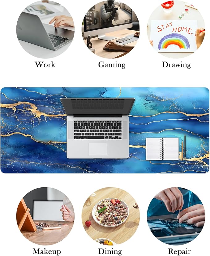 Mrcrypos Large Mouse Pad Blue Gold Marble Desk Mat for Desktop,Waterproof Desk Pad with Stitched Edges,Computer Keyboard Gaming Mouse Pads for Women Office Home 31.5" x 11.8"