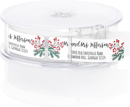 Pine and Holly Rolled Address Labels / 500 Personalized Return Address Labels/Designer Address Stickers in Elegant Plastic Dispenser