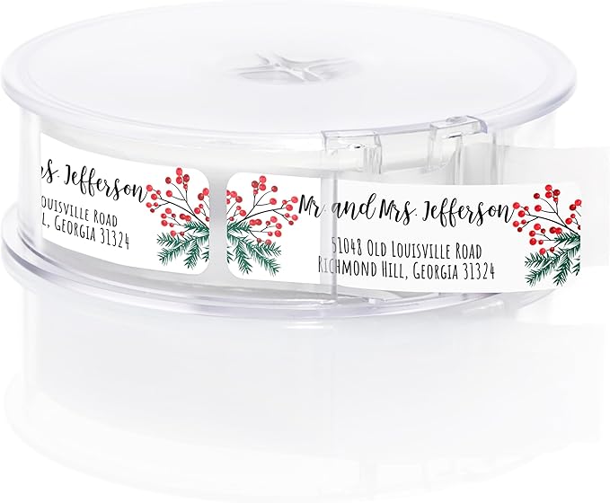 Pine and Holly Rolled Address Labels / 250 Personalized Return Address Labels/Designer Address Stickers in Elegant Plastic Dispenser