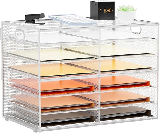 Marbrasse 7 Tier Desktop Literature Organizer, Mesh Paper Organizer Desk Organizers, File Sorter Mail Center Paper Storage Cabinet Classroom Keepers Mailbox for Office Home School, White