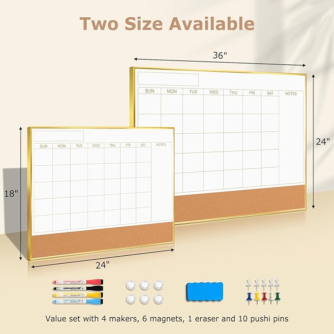Magnetic Dry Erase Calendar Board for Wall - 36'' x 24'' Monthly Calendar Whiteboard with Cork Board - Gold Aluminum Frame