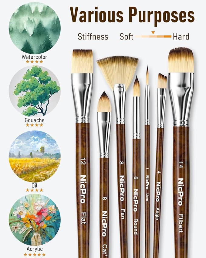 Nicpro 30pcs Paint Brush Set, Professional Paintbrushes with Paint Spatula and Cloth Roll, Craft Paint Brushes for Acrylic Painting, Oil, Watercolor, Gouache, Art Supplies for Artists and Beginners